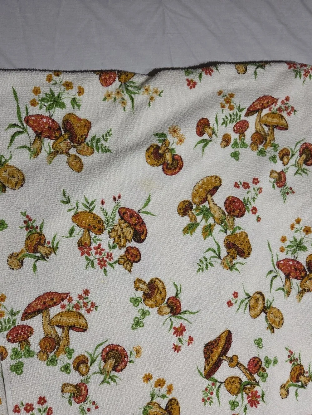 Vintage 70s Mushroom Print Terrycloth Tablecloth 50